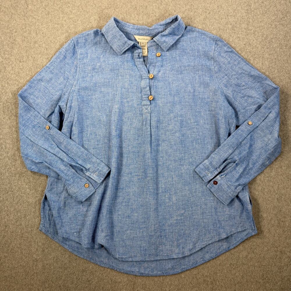 Multiples Women's Medium Blue Linen Blend Roll-Tab Sleeve Collared Tunic Top
